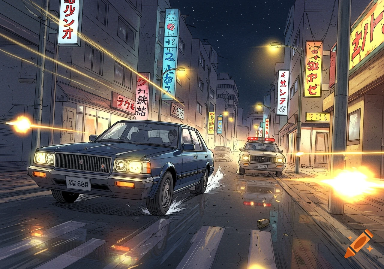 Manga-style night scene of a dark blue Nissan President and a cream Toyota Century in a car chase on a Tokyo street, with stylized bullets flying.