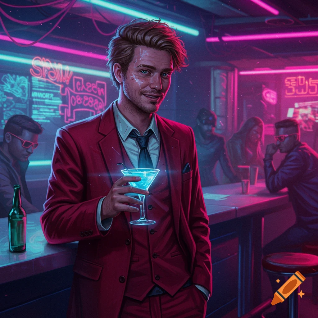 A man in a red suit holds a glowing blue drink at a neon-lit cyberpunk bar.