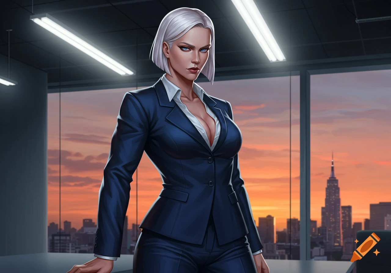 White-haired woman in a dark blue business suit in an office with a city view at sunset, digital art.