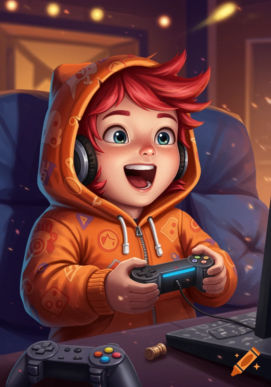 A happy, red-haired child in an orange hoodie and headphones plays video games with a controller, in a cartoon style.