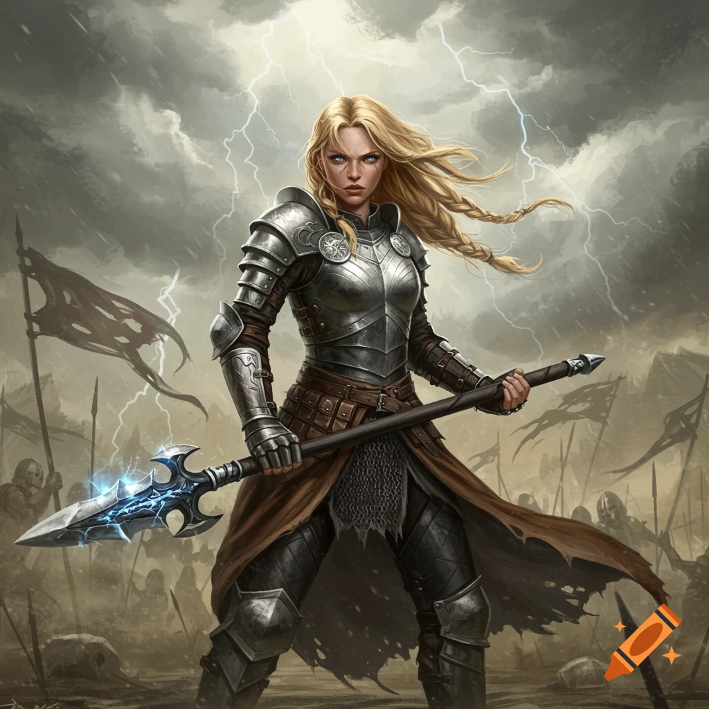 Blonde female warrior in steel armor holding a glowing spear on a stormy battlefield with lightning.