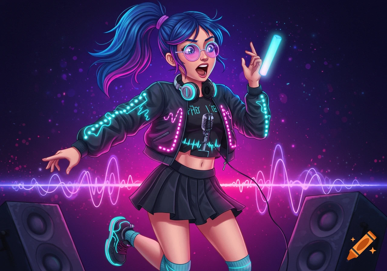 An expressive anime teenage girl with blue and magenta hair, wearing a black bomber jacket with glowing neon patterns, a cropped tee with a microphone, and a pleated skirt. She holds a glowing stick, surrounded by purple soundwaves and speakers in a neon-lit setting.