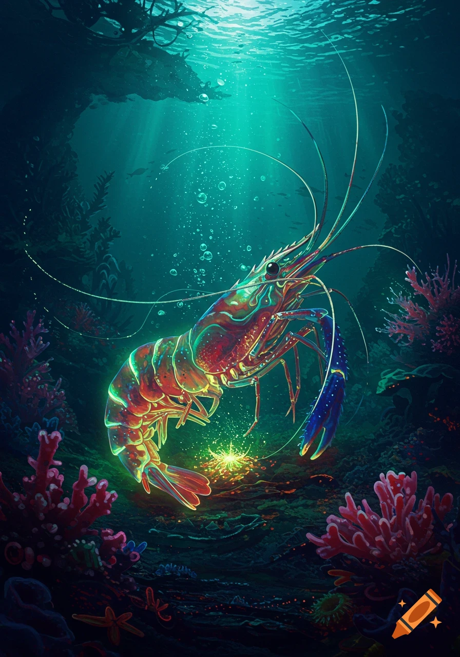A vibrant, glowing shrimp in a dark, mysterious underwater scene with coral and light rays.