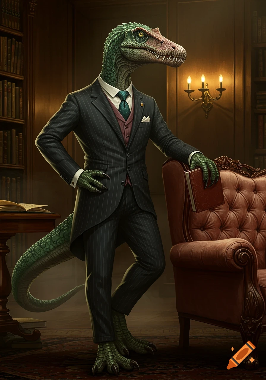 A photorealistic anthropomorphic Spinosaurus in a pinstripe suit stands in a study, holding a book, next to a leather armchair.