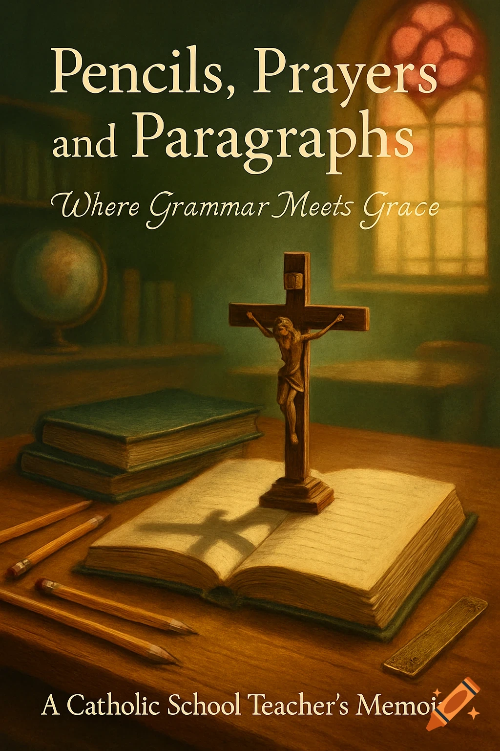 A dark, painterly book cover featuring a crucifix on an open book, pencils, and a globe on a desk with text 'Pencils, Prayers and Paragraphs' and 'A Catholic School Teacher's Memoir'.