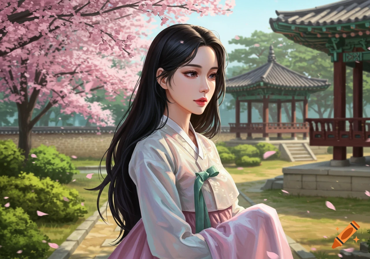 A young Korean woman with long dark hair, wearing a white and pink hanbok, stands in a cherry blossom garden with traditional pavilions in the background, digital art.