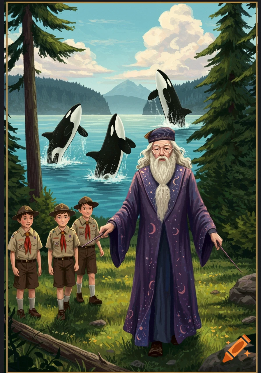 Dumbledore and three young scouts stand by a lake with jumping orca whales and pine trees in the background, in an illustration style.