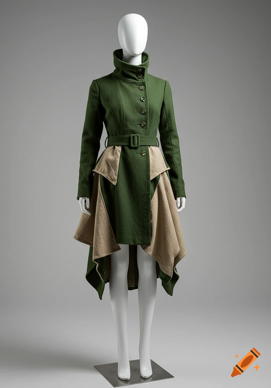 A green and beige avant-garde coat with asymmetrical layers and a belt is displayed on a white mannequin against a gray background.