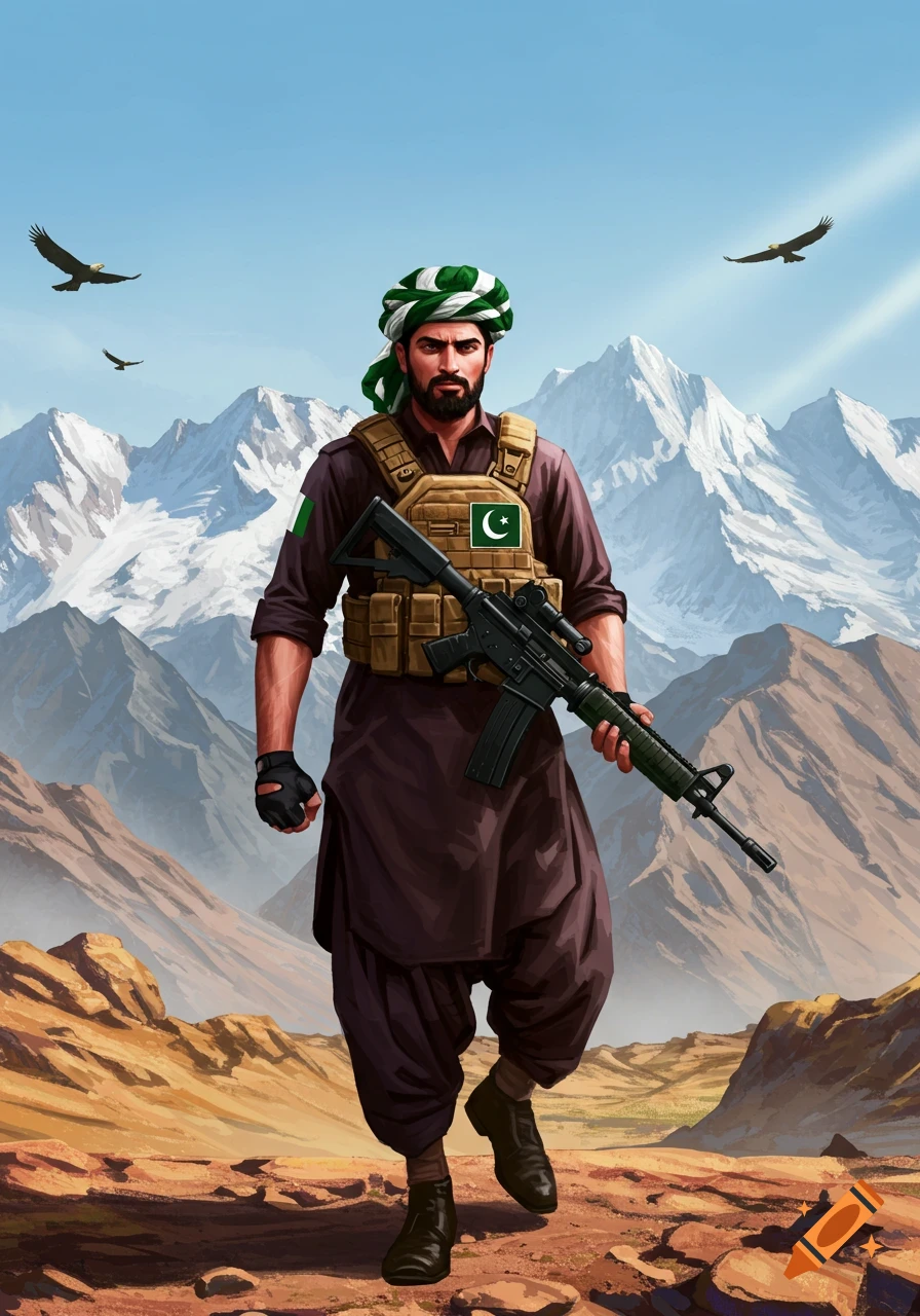 A man in traditional attire and tactical vest with Pakistani flags, holding a rifle, walks through a rocky, mountainous landscape under a clear sky with eagles flying.