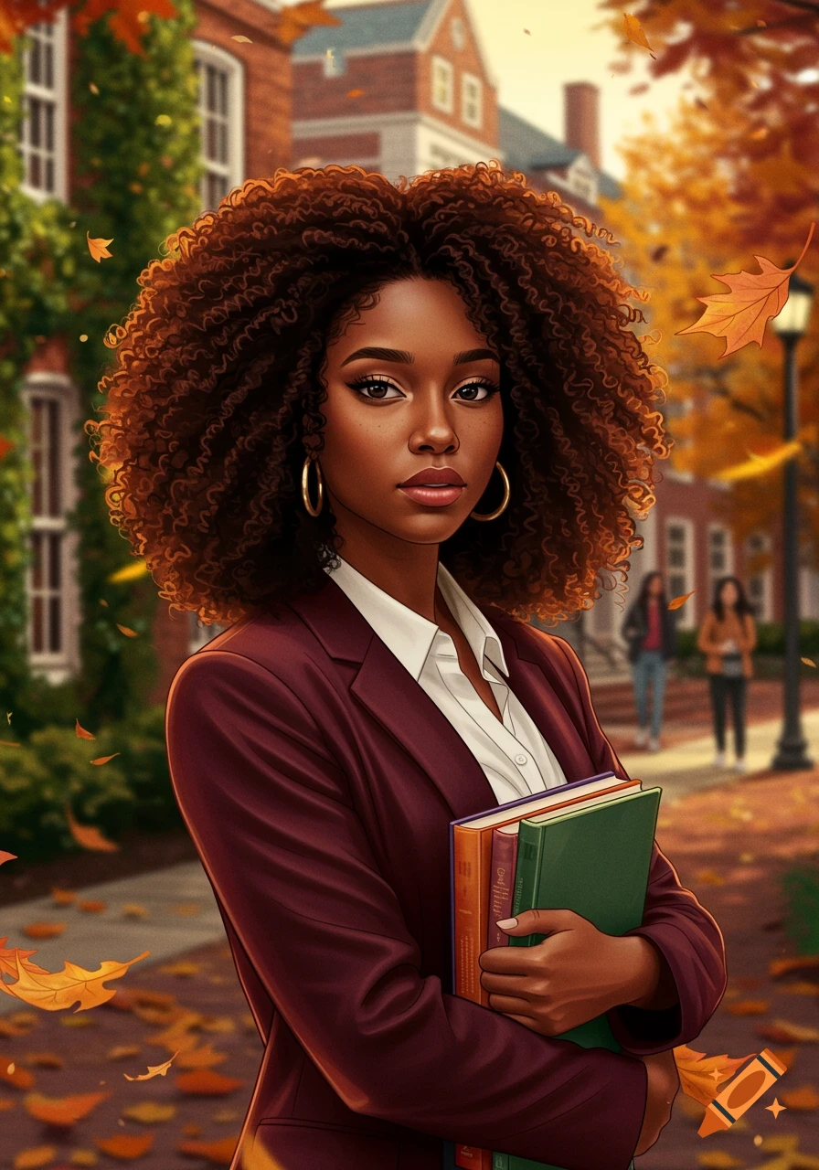 Illustrated portrait of a Black female college student with curly hair, holding books on an autumn campus with falling leaves.