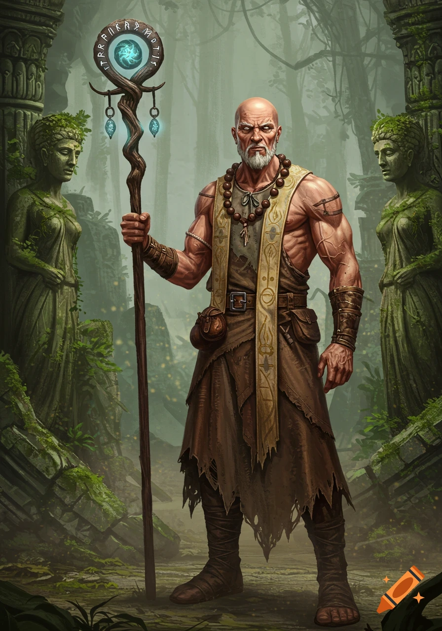 A muscular bald bearded man in torn robes holds a glowing staff amidst mossy ruins in a lush fantasy forest.
