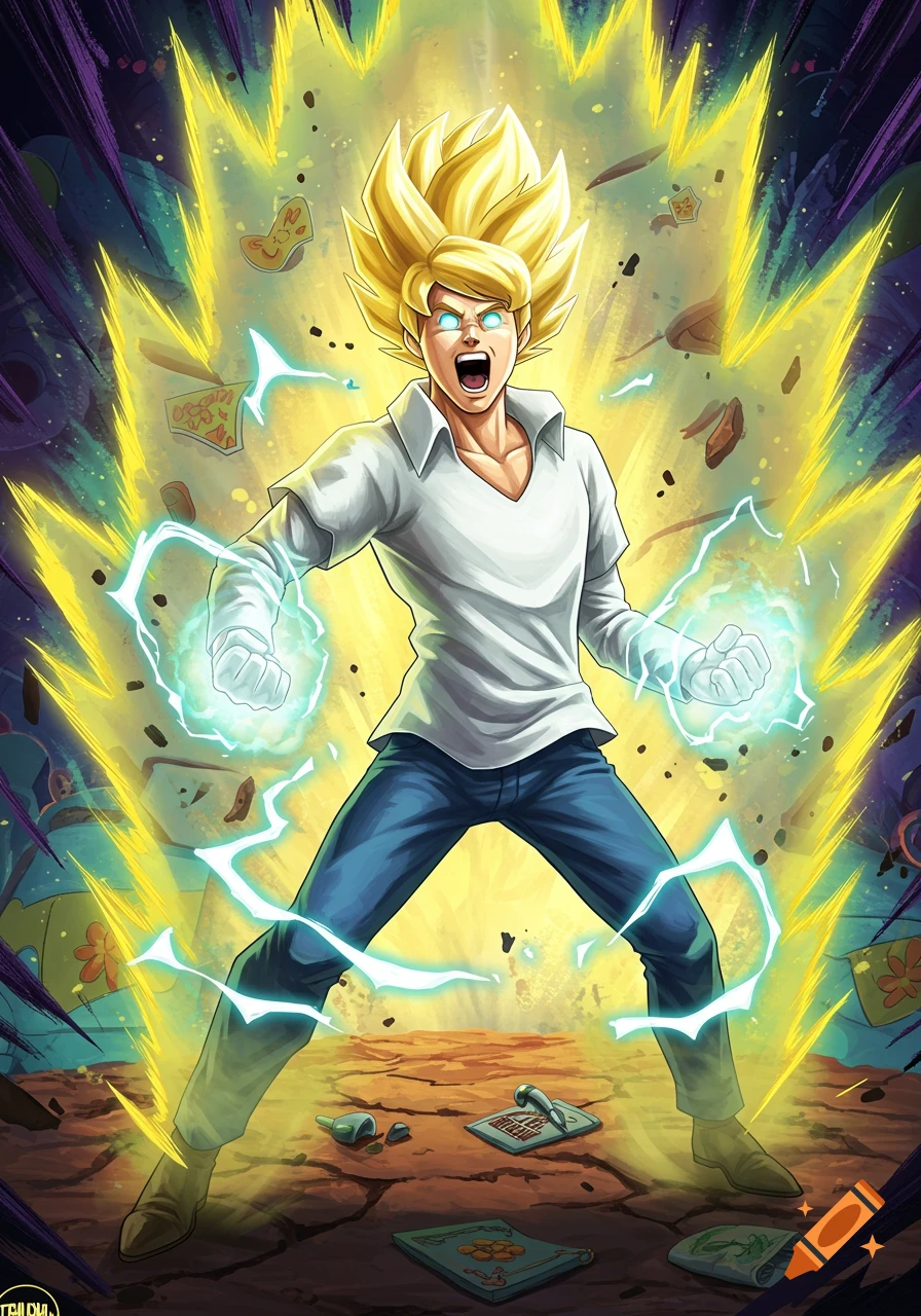 An anime-style illustration of Fred Jones from Scooby Doo, transformed into a Super Saiyan with spiky blonde hair, glowing blue eyes, and an intense yellow aura, firing energy from his hands.