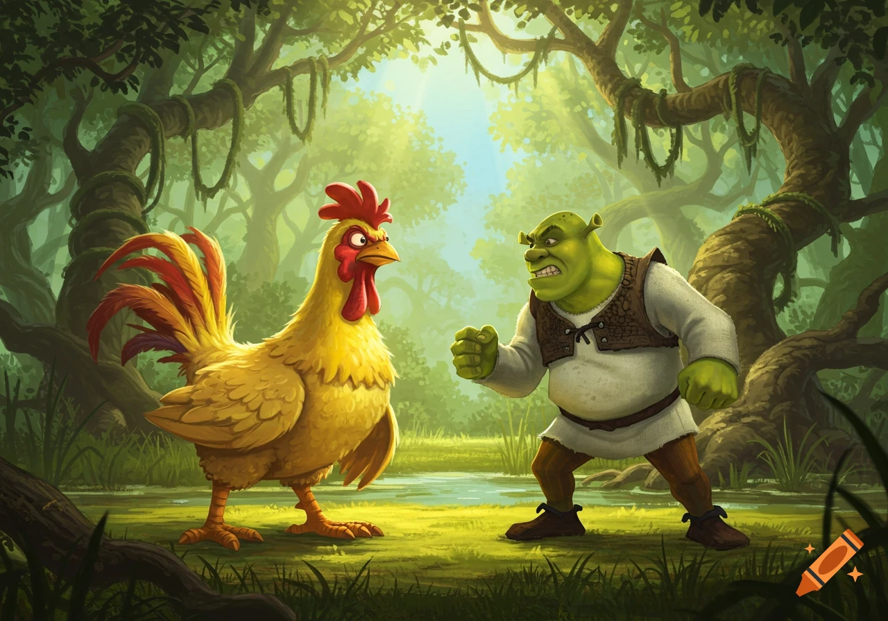 A cartoon Shrek faces off against a large yellow chicken in a lush, green swampy forest.