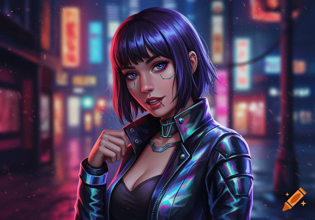 Close-up of a cyberpunk woman with dark blue hair, glowing blue eyes, facial implants, and a metallic jacket in a neon city.