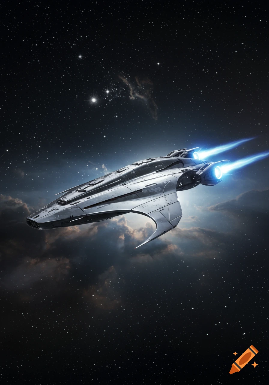 A sleek silver spaceship with glowing blue thrusters flies through a starry night sky with dark clouds.