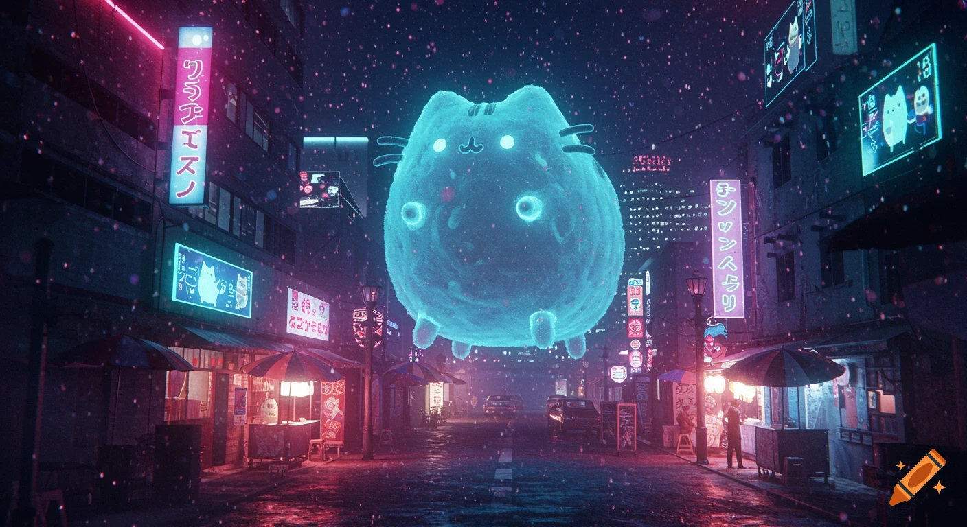 A giant, glowing blue Pusheen-style cat floats above a futuristic Tokyo street at midnight, illuminated by vibrant neon signs.