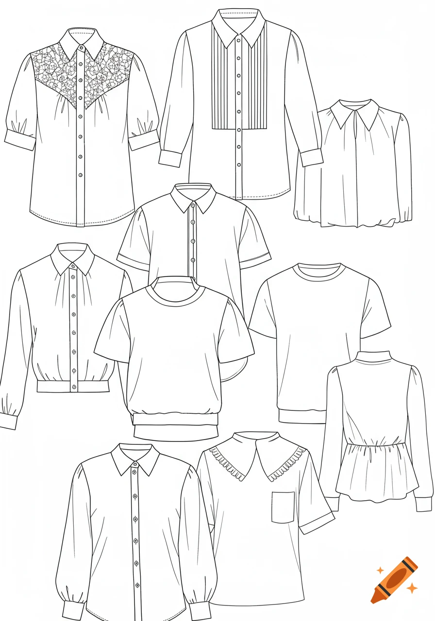 Line art illustrations of various women's shirt designs on a white background.