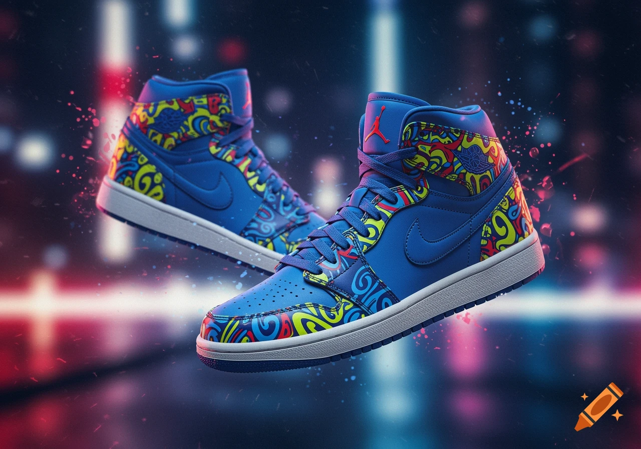 Two blue Air Jordan sneakers with colorful swirling patterns floating against a dark, neon-lit background with paint splatters.