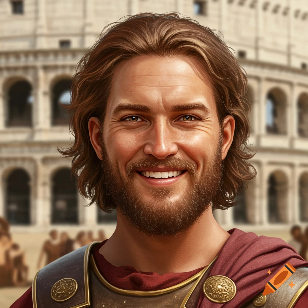 Photorealistic portrait of a smiling man in ancient Roman armor, with the Colosseum blurred in the background.