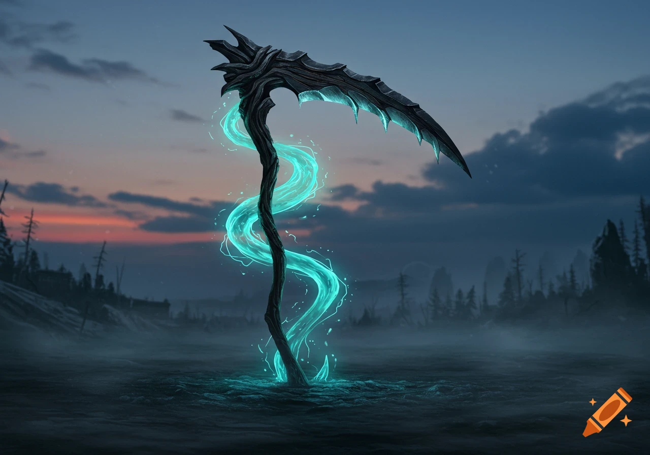 A massive, dark, jagged scythe with glowing blue energy ribbons swirling around it stands upright in a misty, desolate landscape at dusk.