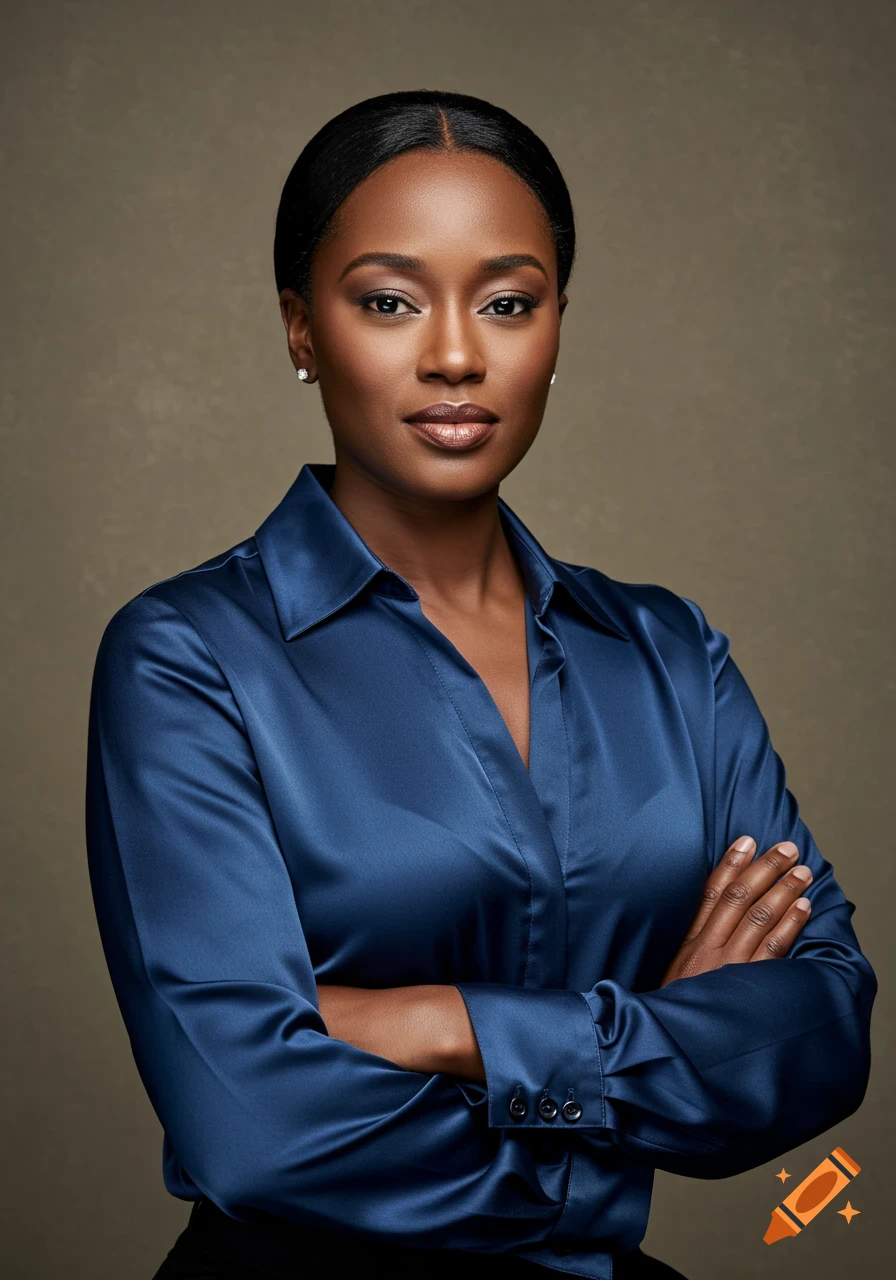 Photorealistic portrait of a confident Black woman in a deep blue satin blouse with arms crossed, looking at the viewer under studio lighting.