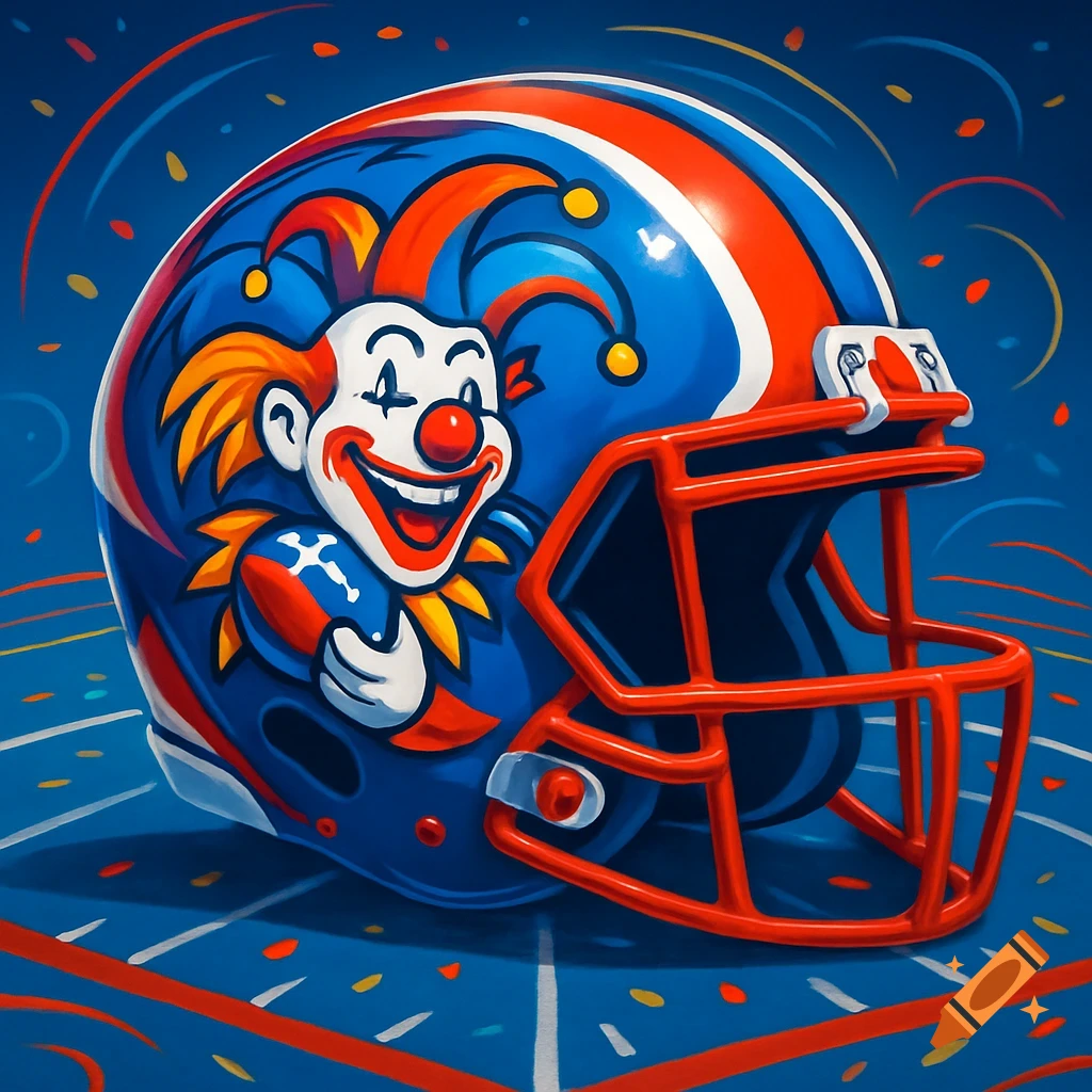 A blue football helmet featuring a smiling clown wearing a jester hat, holding a football, against a confetti-strewn blue background in a digital art style.