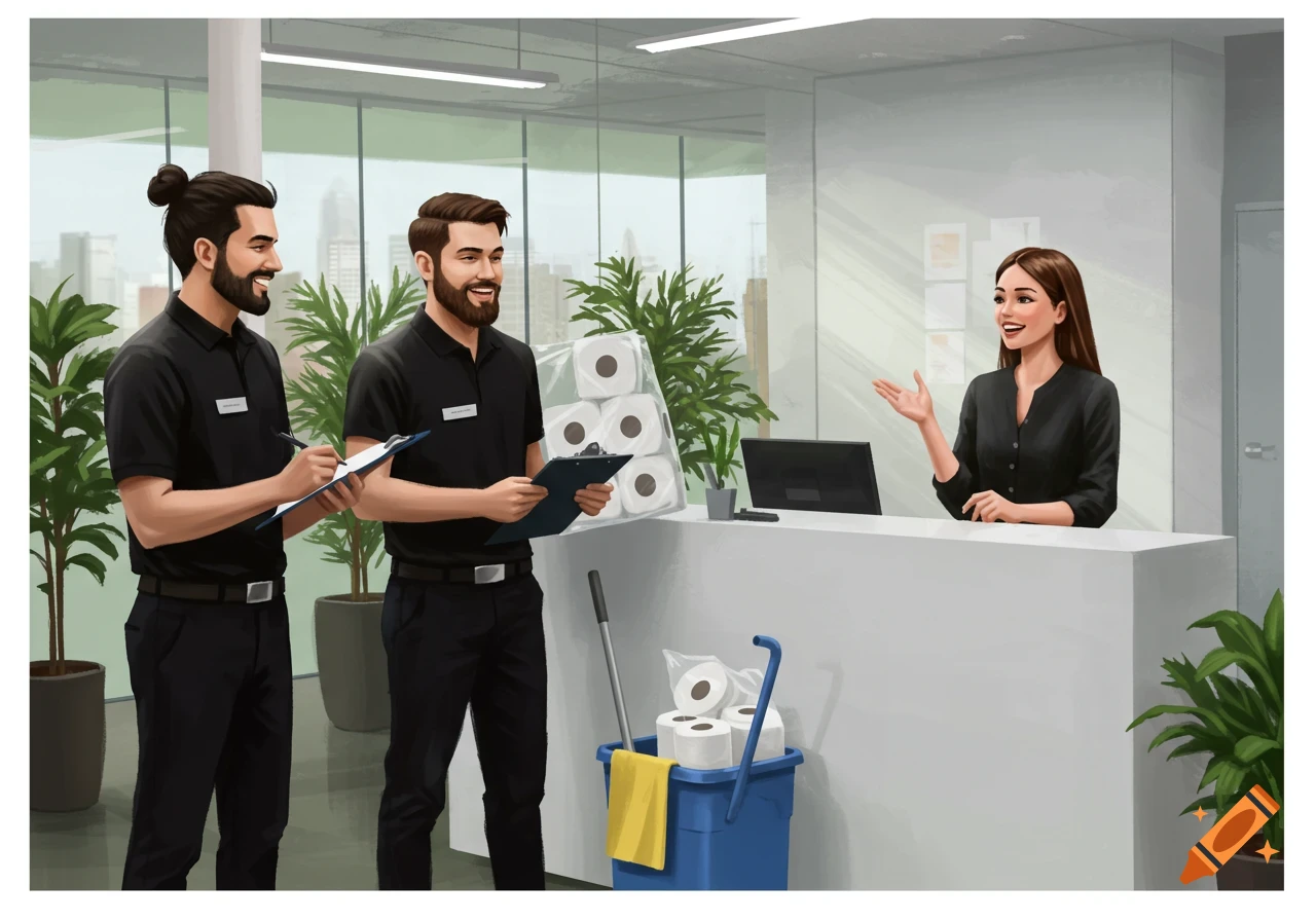 Two smiling male cleaners with clipboards and toilet paper converse with a female receptionist in a bright modern office, illustration style.