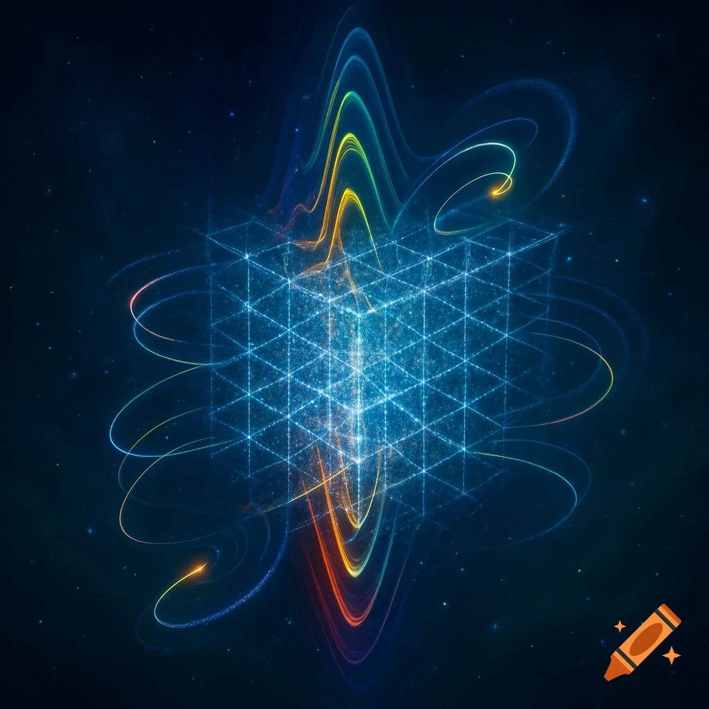 Abstract blue wireframe cube with swirling colorful light trails in a dark, starry space.