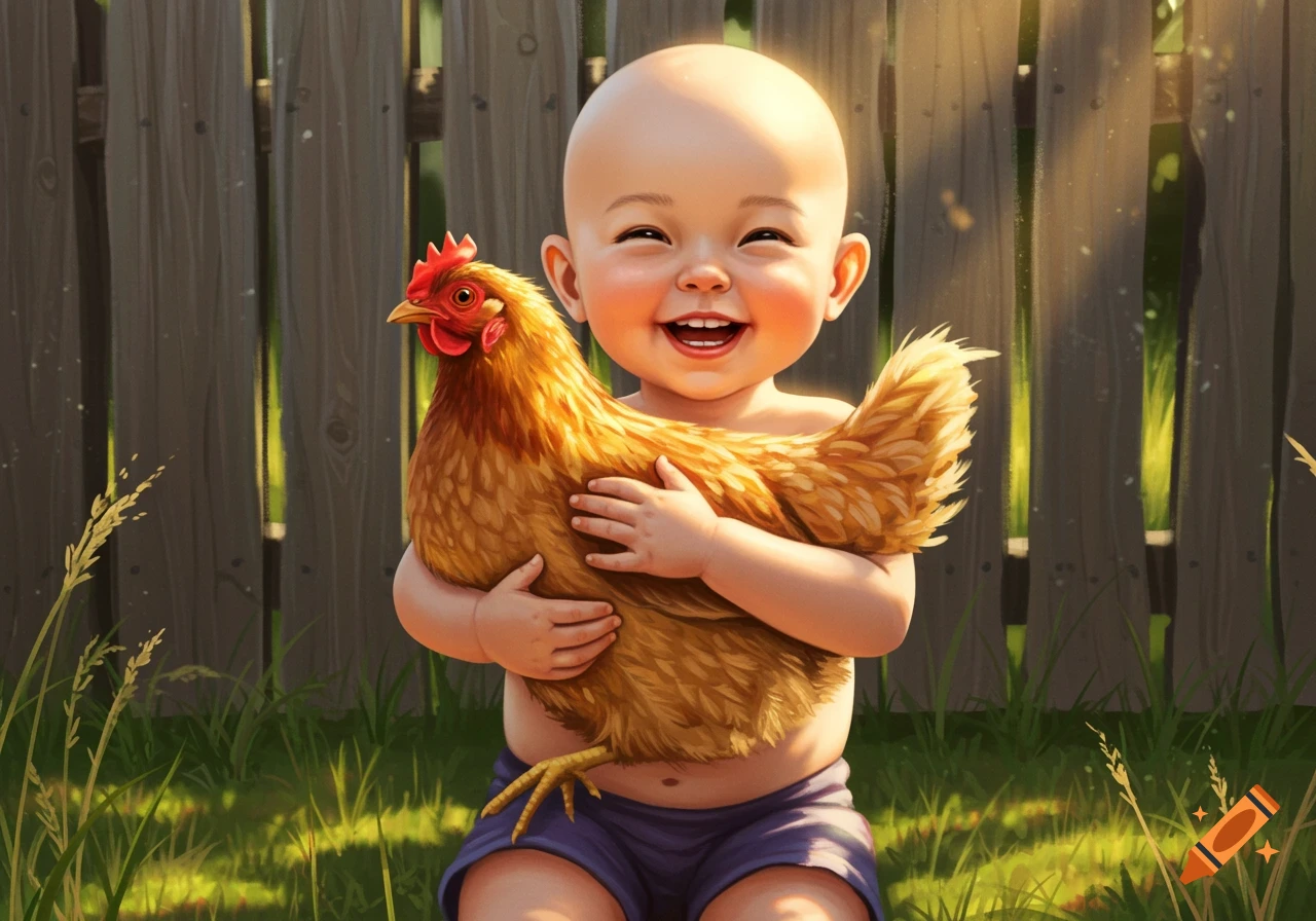 A cute, bald baby smiles brightly while holding a chicken in a grassy backyard with a wooden fence.