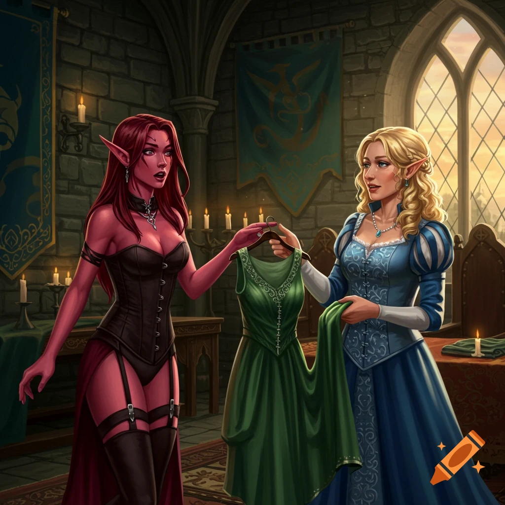 A red-skinned elf in a black corset looks surprised as a blonde elf in a blue gown offers her a green dress in a castle room.