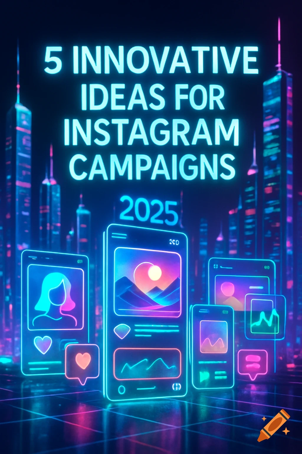 A vibrant neon cityscape at night, featuring glowing smartphone screens with social media icons and the text '5 INNOVATIVE IDEAS FOR INSTAGRAM CAMPAIGNS 2025'.