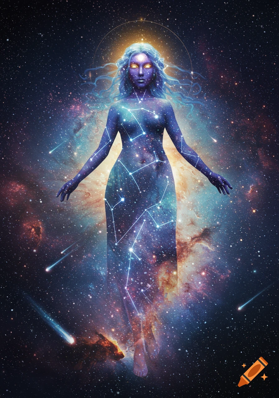 A cosmic goddess figure made of stars and nebulae floats in space with shooting stars.