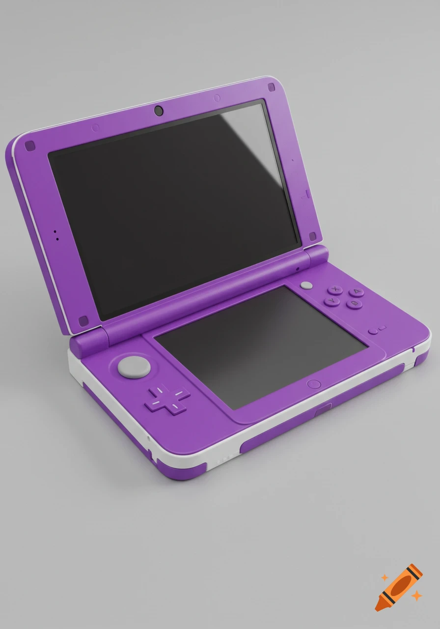 A purple and white Nintendo 2DS XL handheld console with black screens sits on a plain grey background.