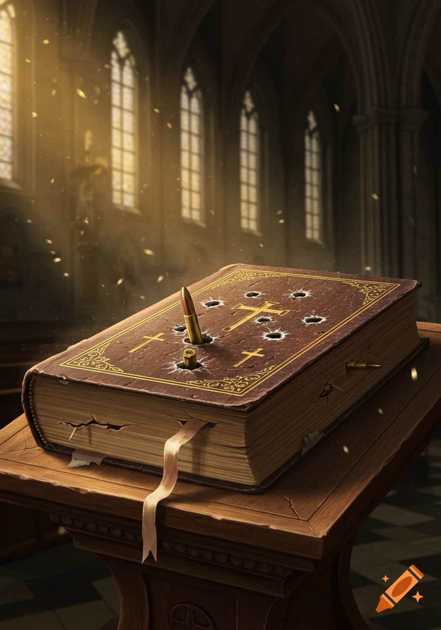 A bullet-ridden holy bible on a wooden stand in a sunlit gothic church, digital art.