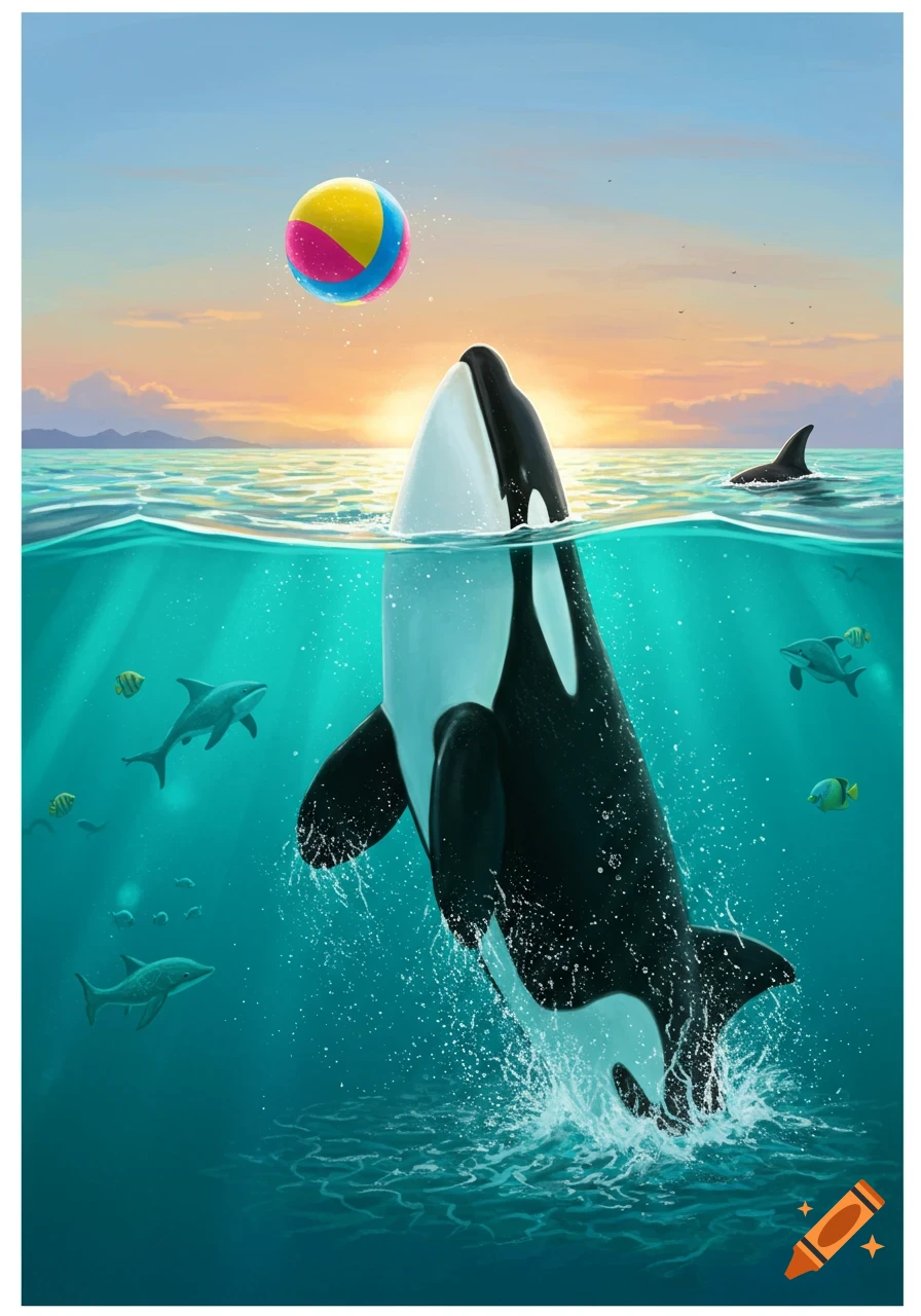 An illustrated orca leaps from the ocean at sunset, about to hit a colorful beach ball with its head, with other marine life visible underwater.