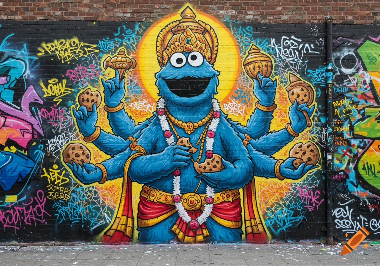 A colorful graffiti mural on a brick wall depicts Cookie Monster as a multi-armed deity like Vishnu, holding cookies, surrounded by abstract tags.