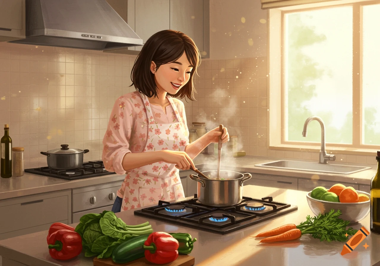 An illustrated image of a cheerful Asian woman in an apron stirring a pot on a stove in a sunlit kitchen with vegetables on the counter.