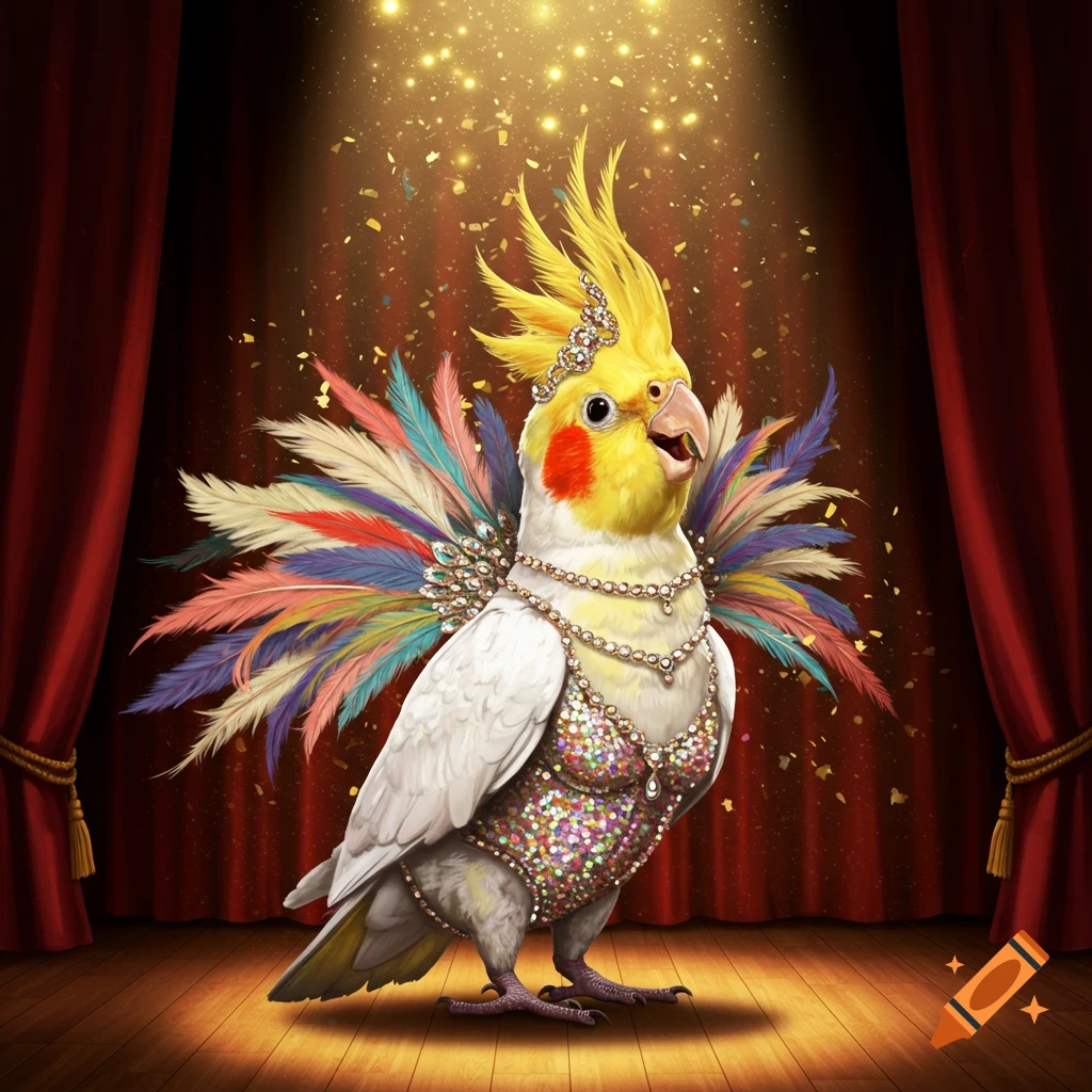 A vibrant cockatoo bird in a sparkly burlesque outfit with colorful feathers and jewelry stands under a spotlight on a wooden stage, with golden glitter falling.