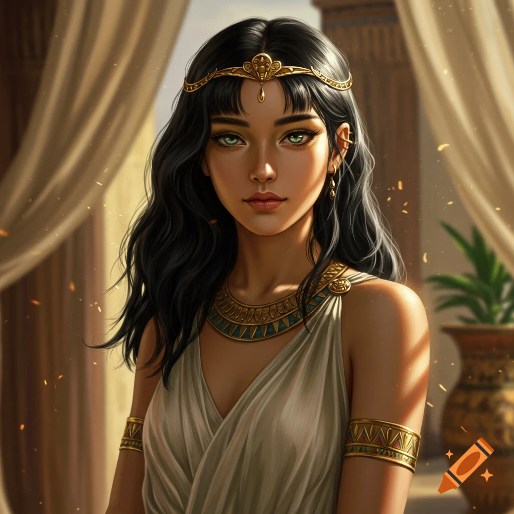 Digital painting of a young woman with long dark hair, green eyes, and ancient Egyptian-style gold jewelry, wearing a white dress.