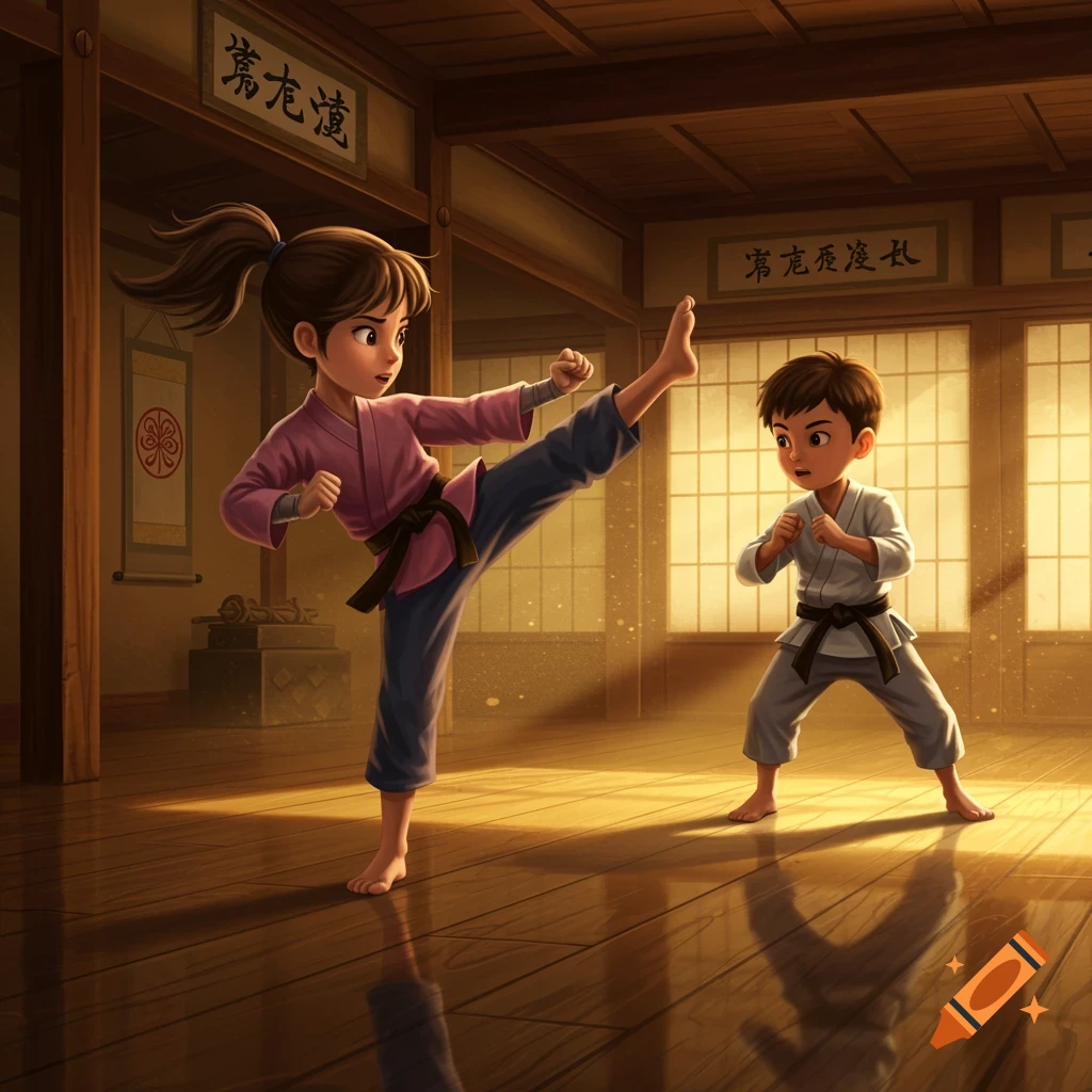 Animated children practice martial arts in a dojo, with a girl performing a high kick and a boy watching.