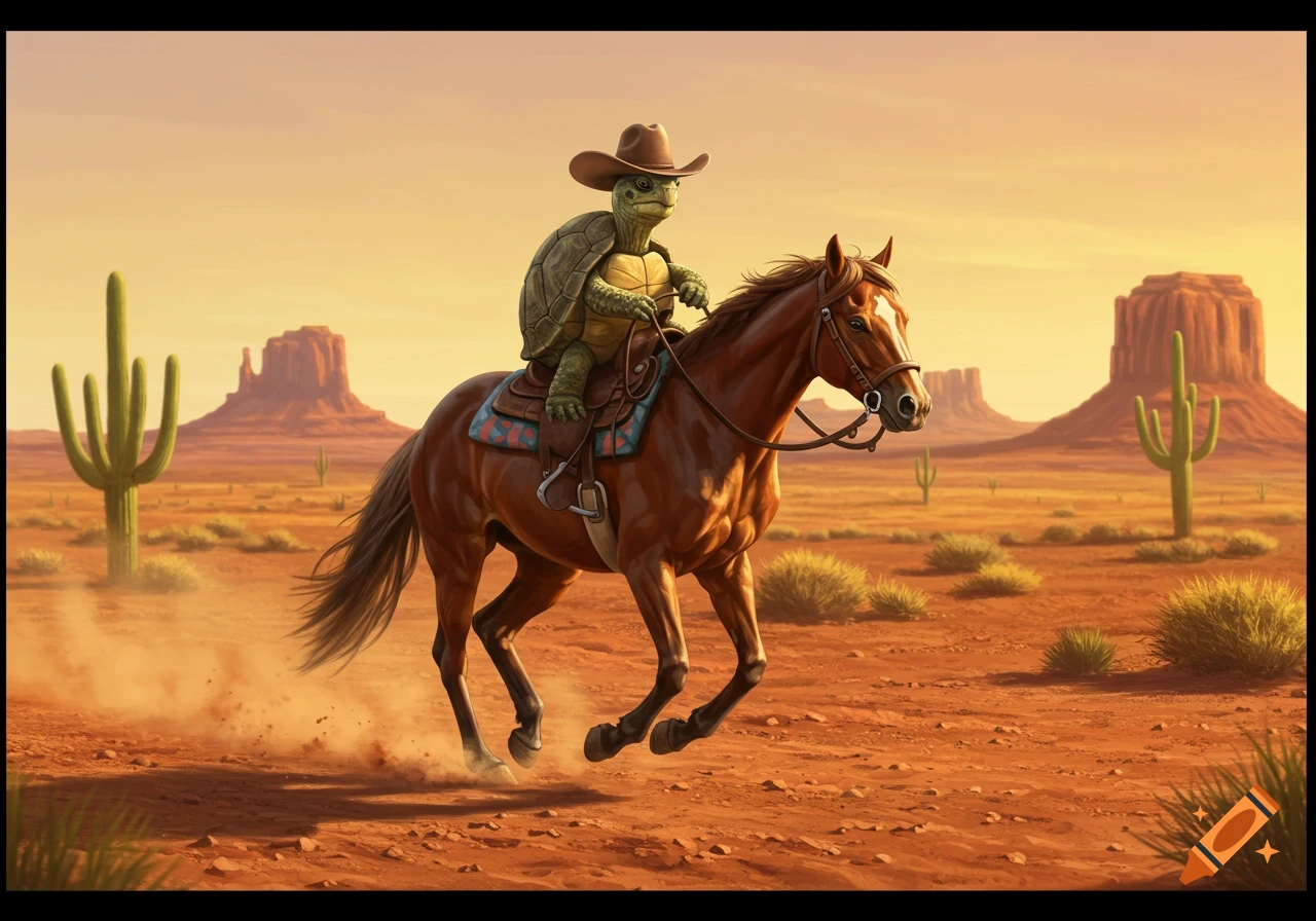 A cartoon turtle wearing a cowboy hat rides a horse through a dusty desert landscape with cactuses and mesas.