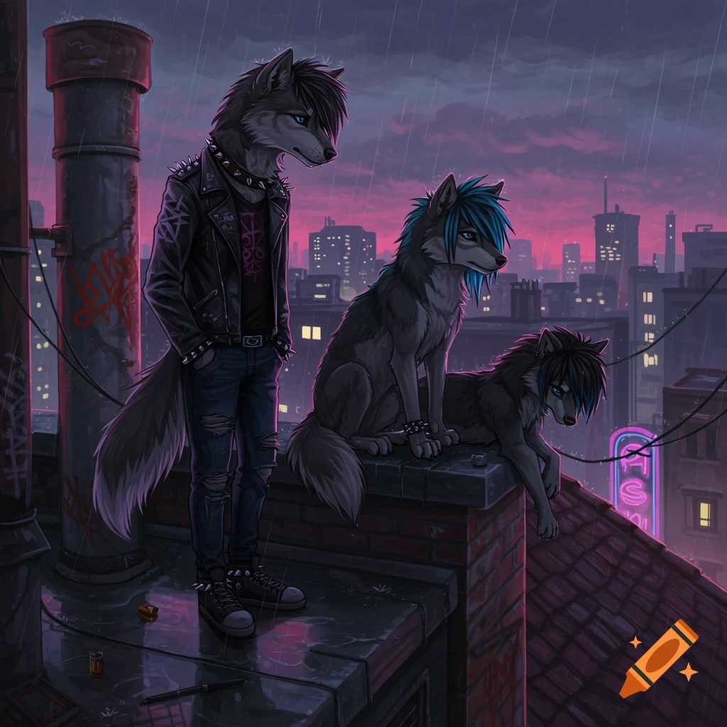 Three anthropomorphic emo wolves on a rainy city rooftop at dusk, with one standing and two sitting, overlooking the city lights.
