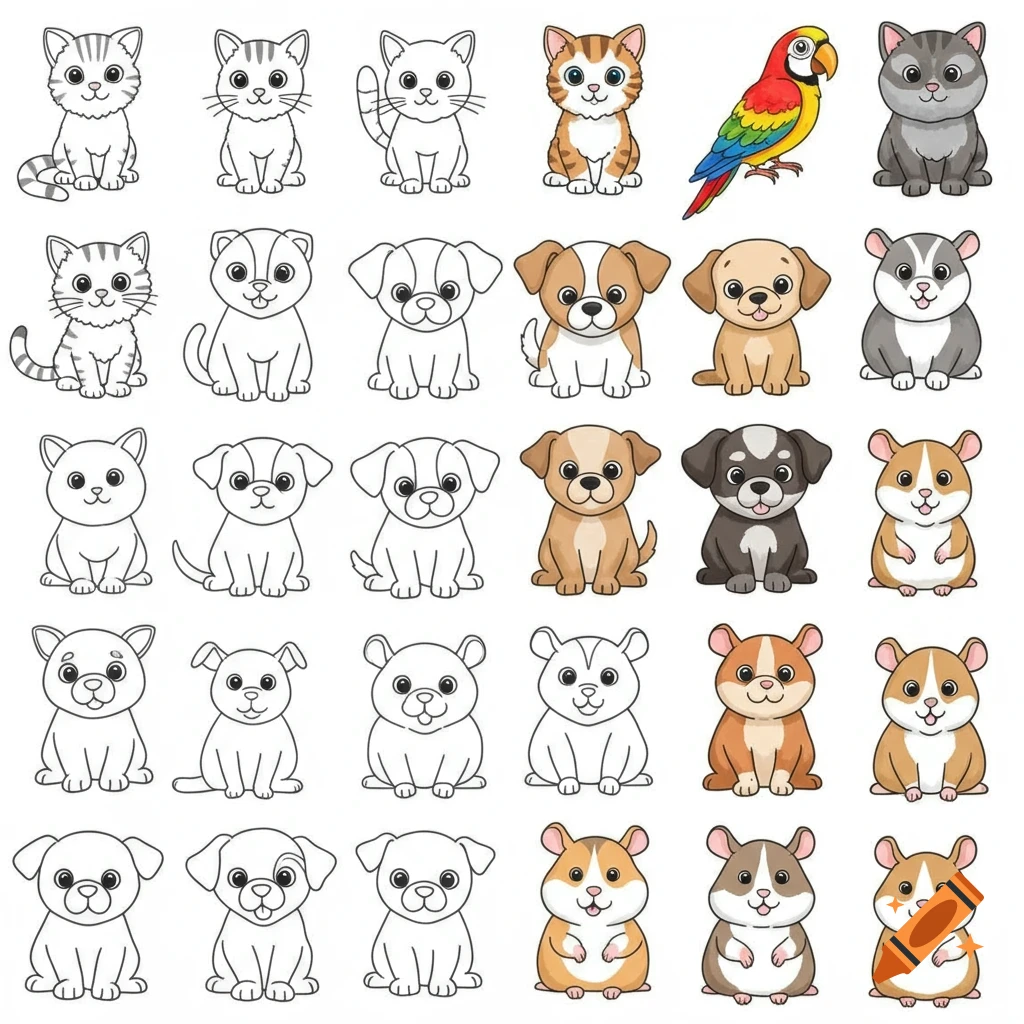 Grid of cute cartoon pets including cats, dogs, a parrot, and hamsters, some in color, some as black and white line art for coloring.