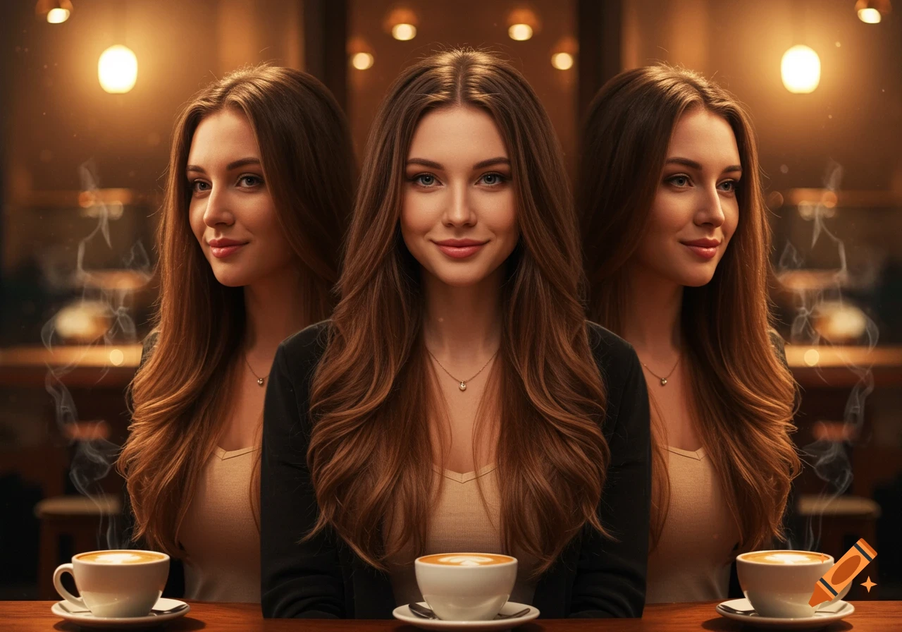 Three photorealistic triplet women with long brown hair in a warm-lit cafe, each with a steaming coffee cup.