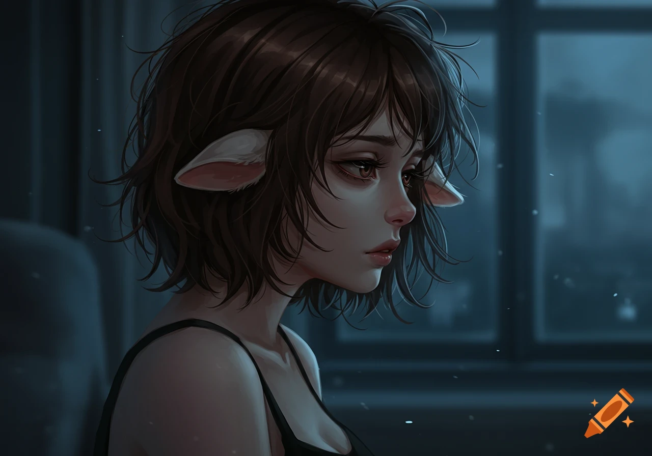 An anime woman with short messy brown hair and black sheep ears looks down, wearing a black tank top in a dimly lit room.