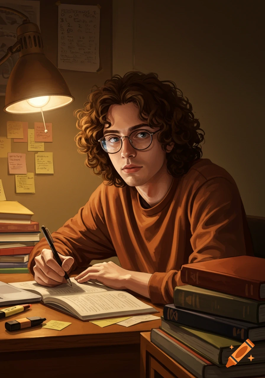 A digital art portrait of a male college student with curly hair and glasses, sitting at a desk and writing in a book under a lamp.