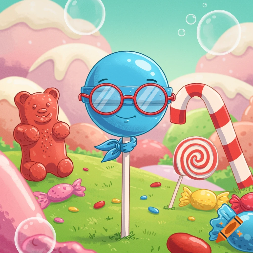 A cartoon blue lollipop with red glasses and a blue bandana stands in a candy land with a red gummy bear, candy cane, and various scattered candies.