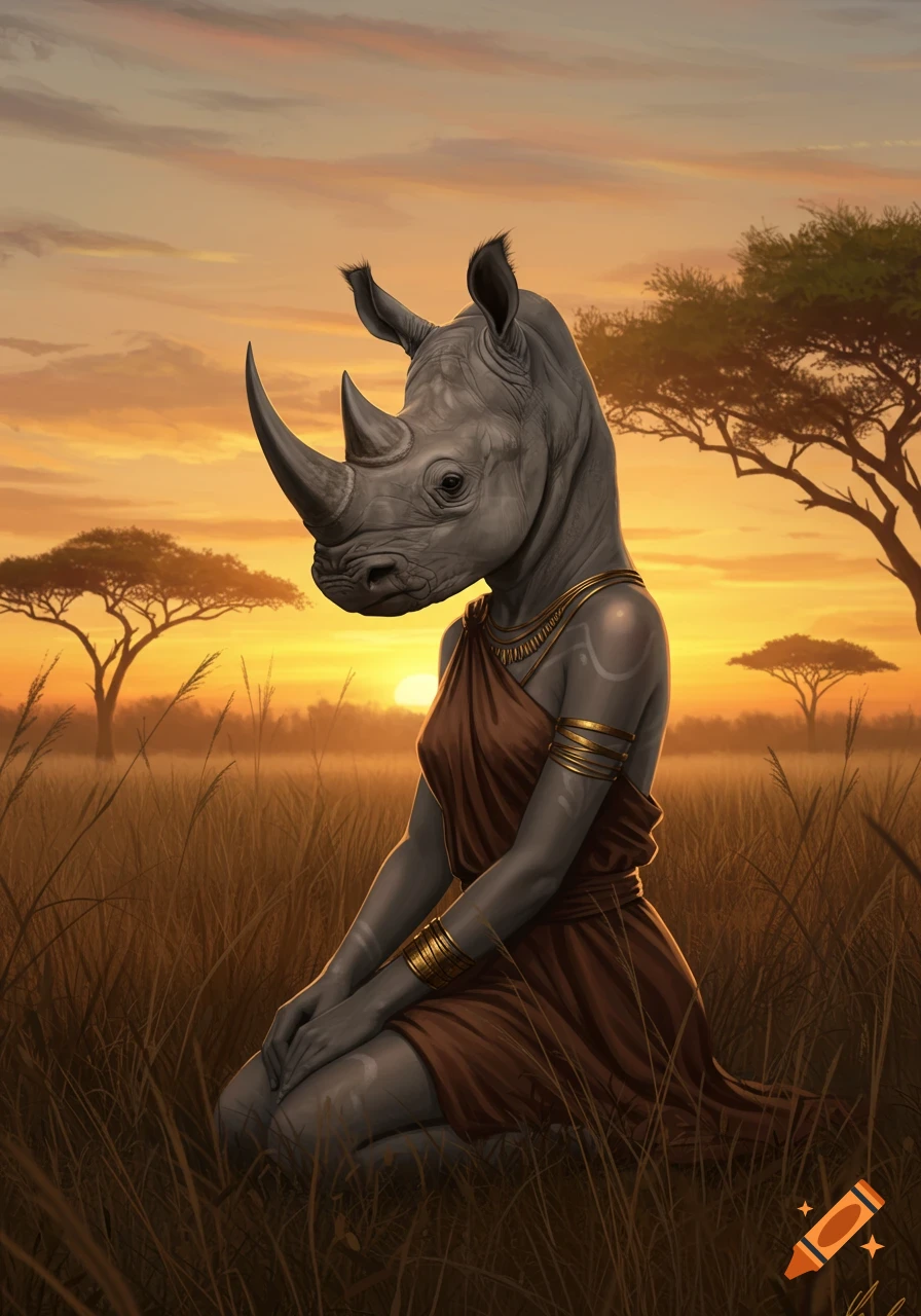 Digital painting of a rhino woman in a draped dress kneeling in a golden savanna at sunset.