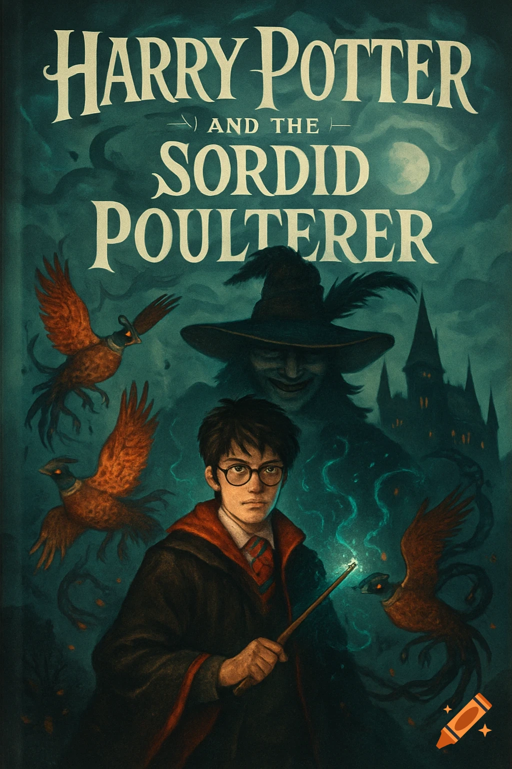 Illustration of Harry Potter with a wand, a shadowy witch, castle, and flying creatures. Text: "Harry Potter and the Sordid Poulterer."