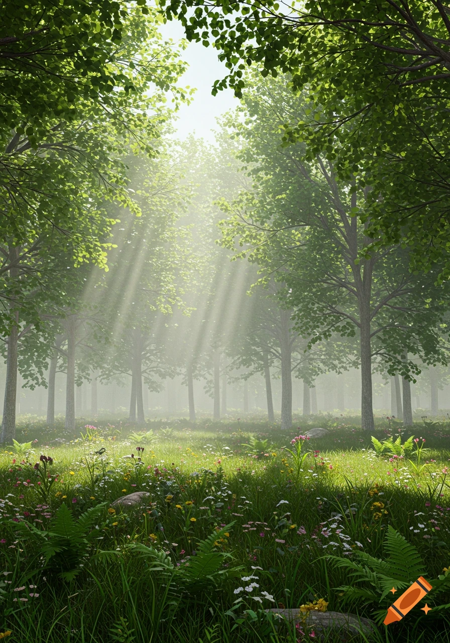 Sunlit forest with misty light rays filtering through green leaves onto a meadow of wildflowers. Photorealistic style.